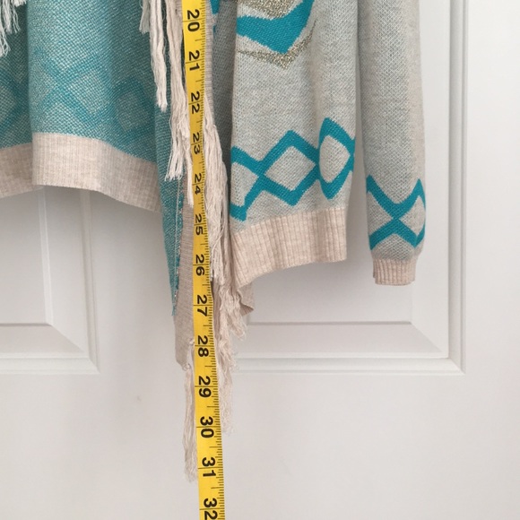 INC Women’s Cardigan Petite S Blue Geometric Aztec Fringe Tassels Long Sleeves - Picture 5 of 8